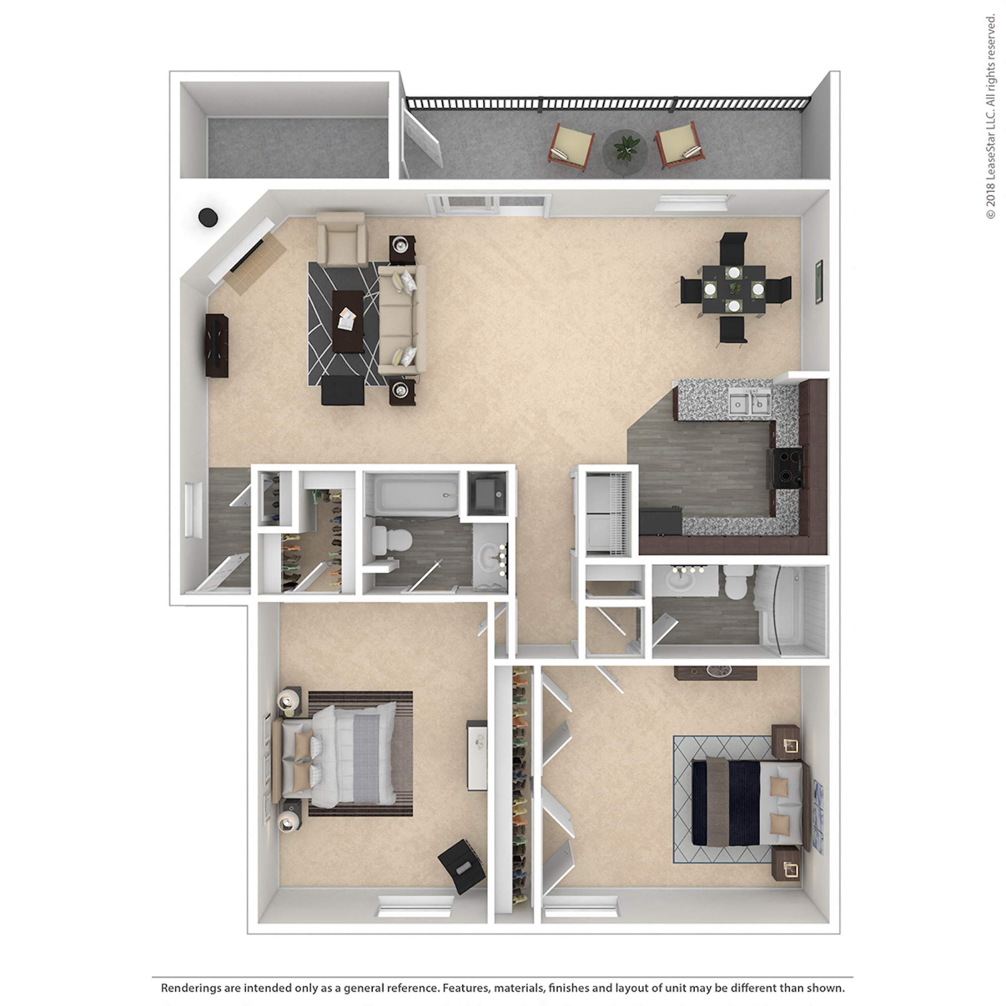 Floor plan for 2 beds, 2 baths, 1600 sqft